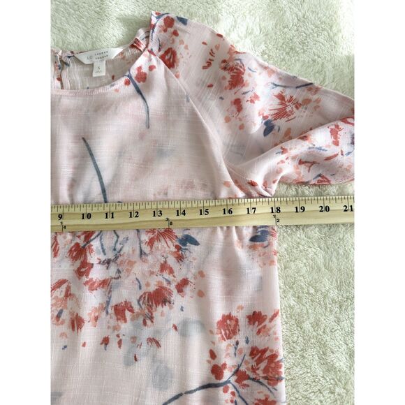 LC Lauren Conrad Blouse Size S Pink Floral Asymmetrical Bell Sleeve Pullover - Picture 9 of 11
